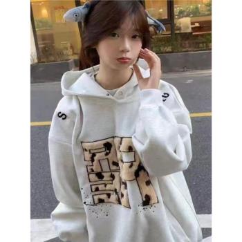 美式復古刺繡字母連帽衛衣女秋冬新款寬松重磅潮牌情侶帽衫上衣潮