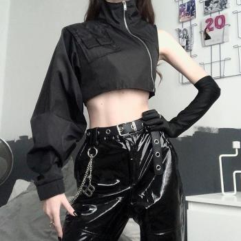ins牛奶絲外套女潮外貿秋季露臍個性拉鏈高領衛衣女小眾哥特長袖