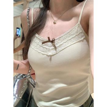 純欲蕾絲蝴蝶結小吊帶背心女2024春秋內搭外穿打底法式帶胸墊上衣
