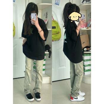 潮牌星星高街hiphop直筒牛仔褲