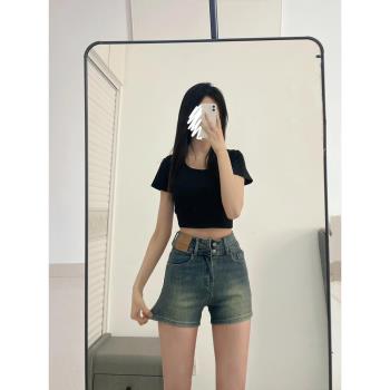 美式復古辣妹修身牛仔短褲女夏季新款高腰彈力顯瘦直筒a字熱褲子