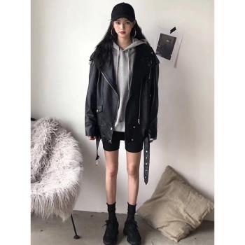 機車皮衣外套女2024春秋新款韓版寬松bf風pu皮夾克中長款潮流ins