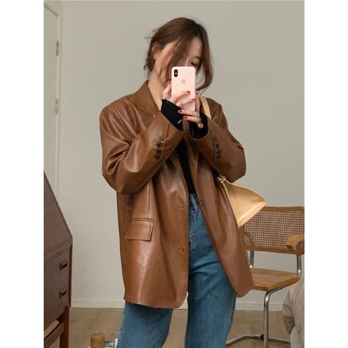 黑色西裝皮衣外套女2025春秋季新爆款復古PU高級感寬松休閑西服潮