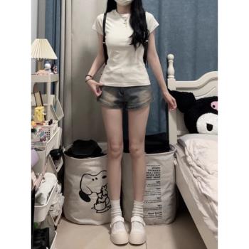 美式辣妹大碼胖mm牛仔短褲女夏季薄款高腰顯瘦設計感小眾a字熱褲