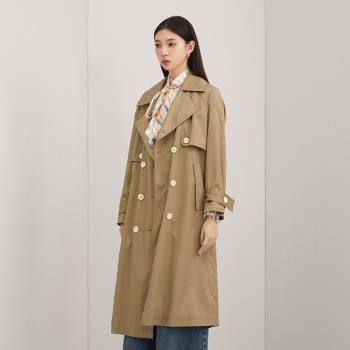 SOMSOM/索瑪長款風衣簡約雙排扣燈籠袖優雅腰帶尖領口袋外套女秋
