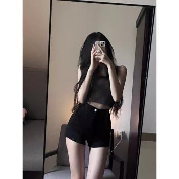 辣妹黑色復古高腰牛仔短褲女褲夏季2024新款大碼褲子緊身熱褲靴褲