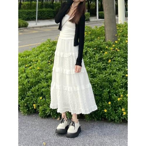 白色蕾絲蛋糕裙半身裙女2024春秋長款法式仙女百搭A字裙長裙裙子