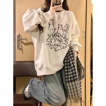 秋冬加絨加厚圓領衛衣女2025新款美式復古oversize慵懶風大碼上衣