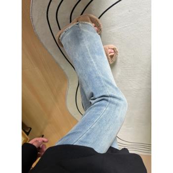 大碼胖mm毛邊微喇牛仔褲女2024春季新款高腰顯瘦彈力修身喇叭褲子