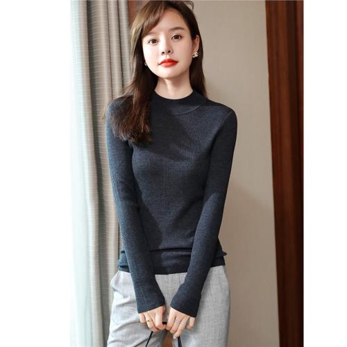 錦家高品質好穿好搭配簡約坑條半高領100%超細羊毛春夏打底毛衣女