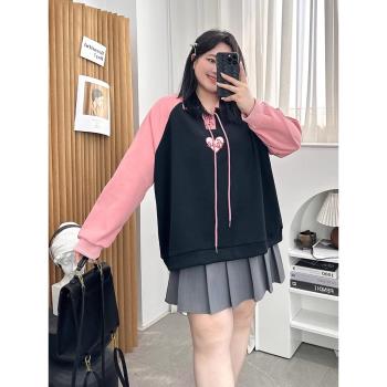 早秋大碼女裝300斤系帶長袖衛衣胖mm寬松顯瘦百搭POLO領遮肚上衣