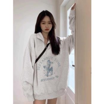 300斤大碼胖mm美式學院風Polo領衛衣女秋冬季寬松設計感小眾外套