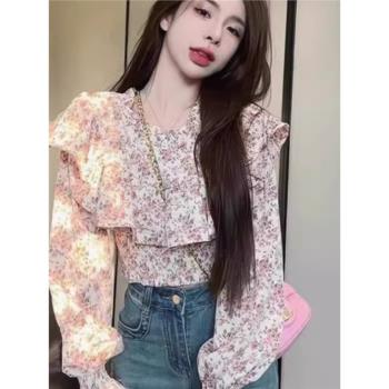 秋季長袖法式碎花襯衫荷葉邊氣質溫柔風修身女裝甜美t恤小衫上衣
