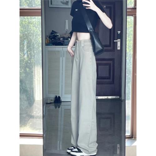 卡其色高腰牛仔褲女春季薄款大碼胖mm寬松顯瘦闊腿直筒拖地褲春季