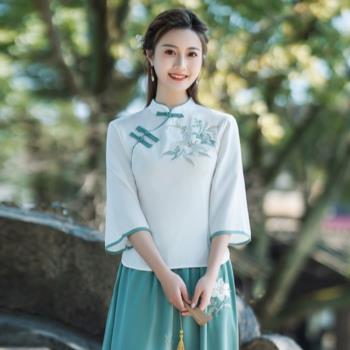 SY夏季七分袖棉麻上衣女中國風刺繡唐裝改良旗袍漢服套裝茶藝服秋