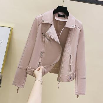 粉色皮衣2024年新款女春秋外套原創小眾爆款機車服pu夾克歐美炸街
