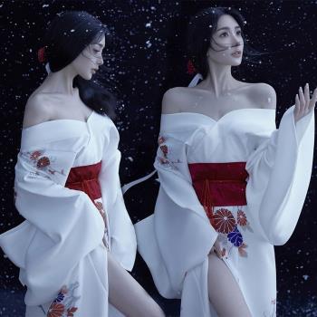 和服女正裝傳統復古和風白色溫柔風改良日式外景神明少女拍照服裝