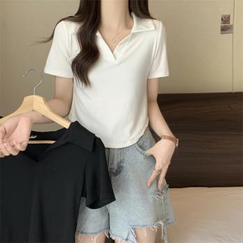 polo領白色短袖t恤女大碼胖mm夏季法式小眾獨特別致正肩短款上衣