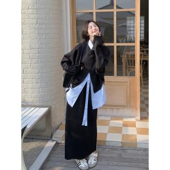 設計感溫柔穿搭黑色上衣藍色打底襯衫顯瘦半身裙三件套女春秋新款