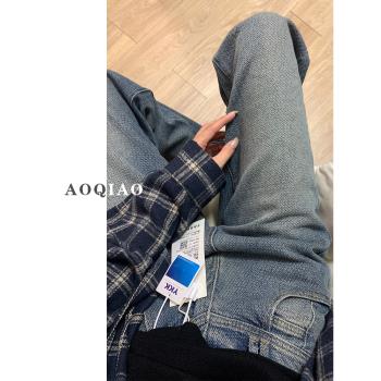 復古闊腿牛仔褲女春秋新款高腰大碼寬松梨形身材顯瘦星空紋直筒褲