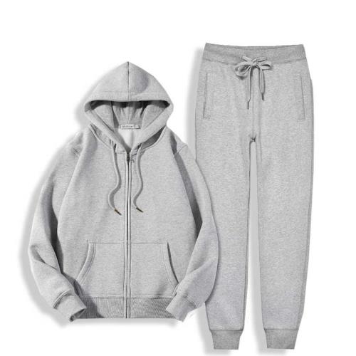 淺灰色衛衣套裝女春秋薄款純棉寬松拉鏈開衫連帽兩件套冬加絨加厚