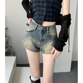 胖mm復古顯瘦高腰直筒牛仔短褲