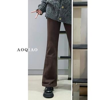 咖啡色高腰微喇叭牛仔褲女2024春秋大碼彈力顯瘦遮胯直筒闊腿長褲