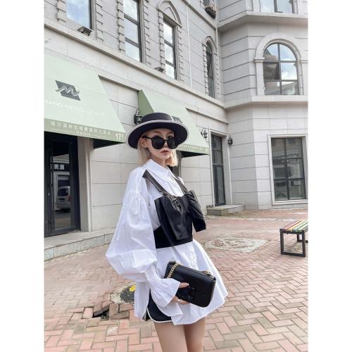 假兩件襯衫女2024秋季新款中長款蝴蝶結腰封顯瘦高腰襯衣歐洲站范