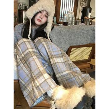 藍色加絨毛呢格子褲女秋冬季保暖棉褲高腰垂感休閑拖地直筒闊腿褲