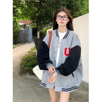美式字母刺繡拼色棒球服外套女春秋寬松設計感運動休閑夾克開衫酷