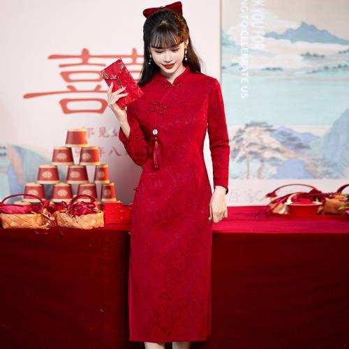 新娘結婚中式禮服酒紅色敬酒服回門服女裝秋冬季長袖國風改良旗袍