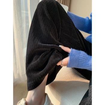 黑色雪尼爾闊腿褲女秋冬季高腰垂感加絨直筒褲小個子針織休閑褲子
