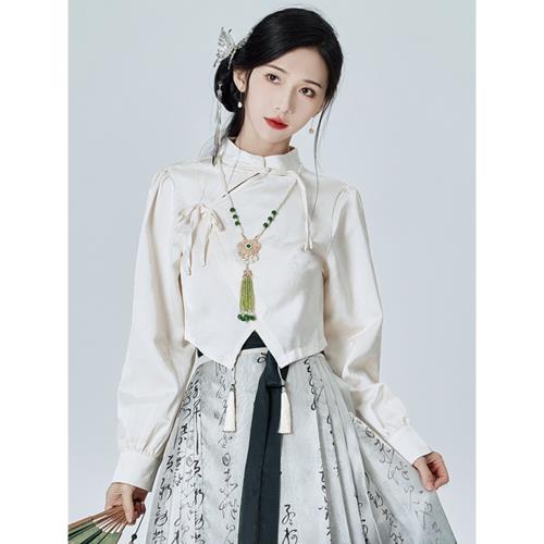 配馬面裙的襯衣春秋新中式國風盤扣上衣小個子短款立領襯衫女長袖