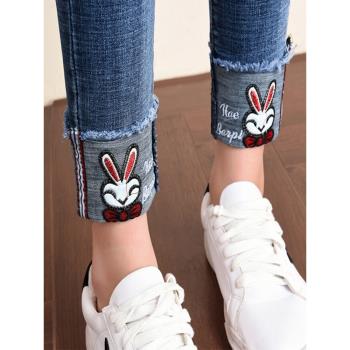 高腰刺繡九分修身顯瘦加絨牛仔褲