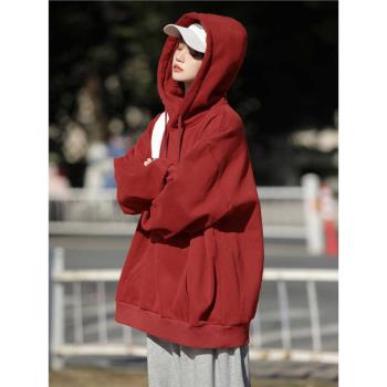 森馬衛衣女連帽2024春秋美式重磅酒紅色寬松學生休閑運動帽衫外套