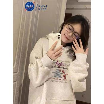 NASA潮牌重磅純棉銀狐絨秋冬加絨加厚衛衣女2024新款連帽美式寬松