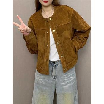 海寧2024年秋冬新款真皮皮衣女短款高質感復古圓領百搭顯瘦山羊皮
