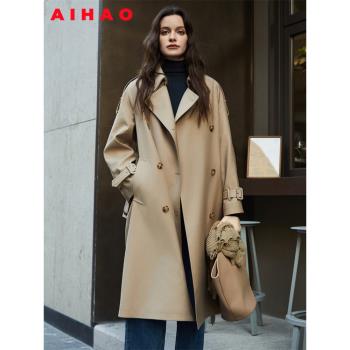 愛號英倫風雙排扣中長款風衣女2024秋季新款雙層領卡其色流行外套
