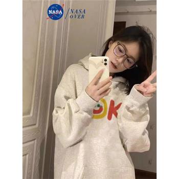 NASA潮牌重磅銀狐絨純棉衛衣女秋冬加絨加厚2024新款連帽美式寬松