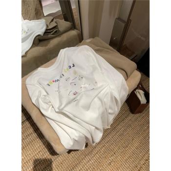 愛麗緹2024春秋後背趣味塗鴉印花設計感長袖T恤女寬松打底衫上衣