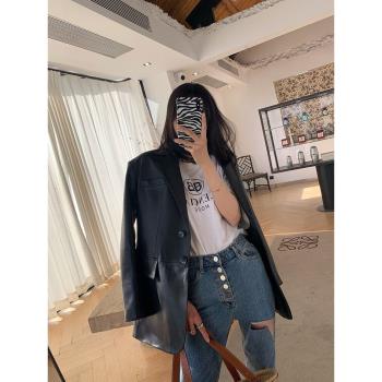 真皮皮衣女2024秋新款美式綿羊皮中長款翻領廓形寬松西裝外套歐貨