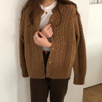 春秋新款羊絨開衫女加厚麻花短款寬松慵懶風純羊毛針織毛衣外套潮