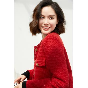 法式小香風外套女秋季2023聖誕紅粗花呢加厚羽絨內膽高階羊毛上衣