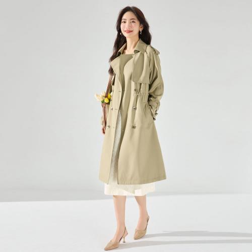 經典西裝領中長款棉質風衣女秋冬新款抽繩插肩收腰顯瘦中長款風衣