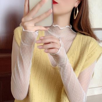 秋冬洋氣半高領網紗上衣服蕾絲
