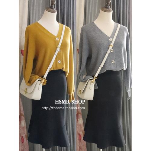 新款羊毛開衫女薄款春秋燈籠袖針織衫美麗諾v領高腰短款外套外搭
