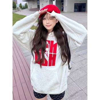 美式復古重工刺繡字母連帽衛衣女秋冬寬松加絨加厚情侶帽衫上衣潮