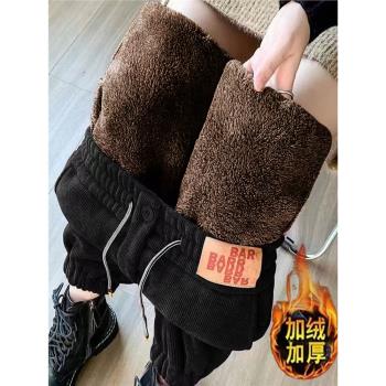 加絨加厚哈倫衛褲子女秋冬季羊羔絨束腳寬松顯瘦高腰休閑運動長褲