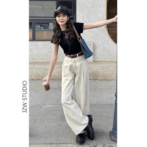 杏色闊腿牛仔褲女春季新款高腰小眾設計感寬松顯瘦垂感百搭直筒褲