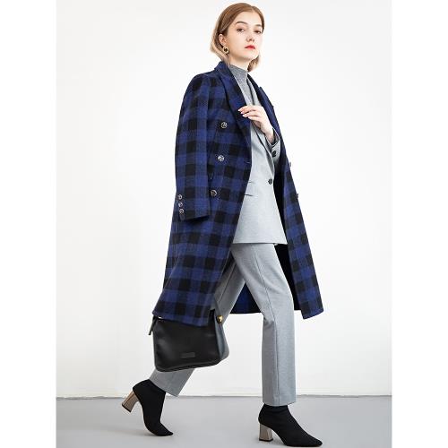 LMOF領美歐范藍色格紋雙面毛呢外套羊毛大衣長款秋冬女